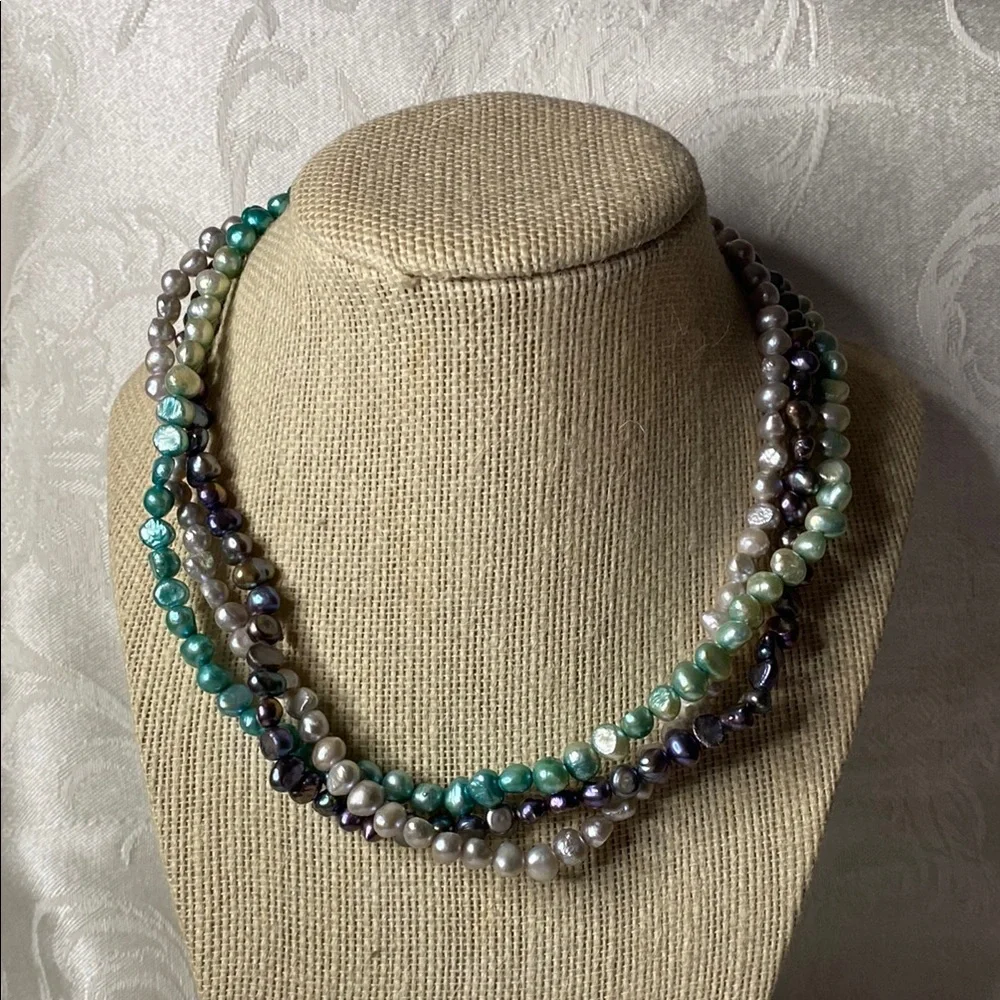 Sterling Silver Triple Strand Multi Colored Pearl Necklace - Picture 1 of 6